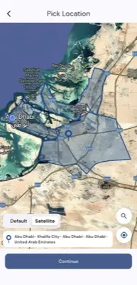 On My Way App - Location Picker showing Abu Dhabi service coverage area